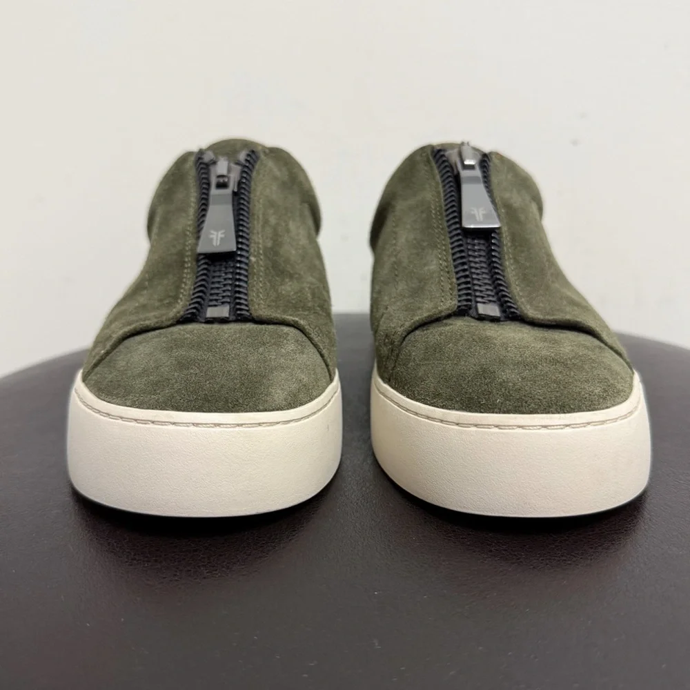 Frye Forest Green Suede Lena Zip Up Slip On Low Ivory Trim Top Sneaker 8 8M